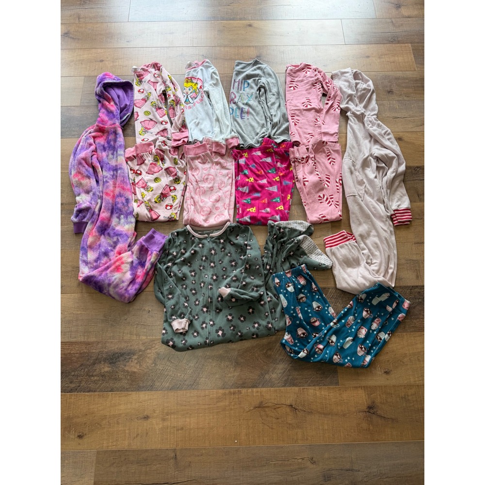 Girls Pajamas Lot 7/8 Princess Peach Fleece One Piece Sleepers Set Bundle 12pc